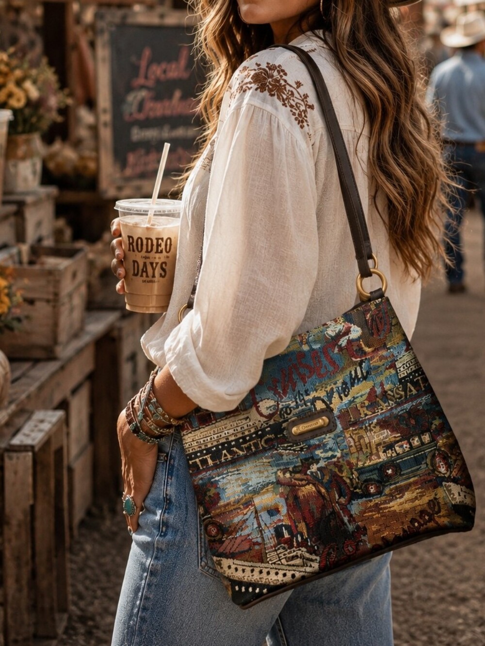 Vintage Samboro Tapestry Hobo Bag Western Boho Travel Scene Shoulder Purse